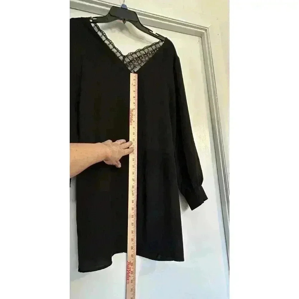 SHEIN Large Polyester Black Long Sleeve Shirt With Lace V Neck - Picture 7 of 9